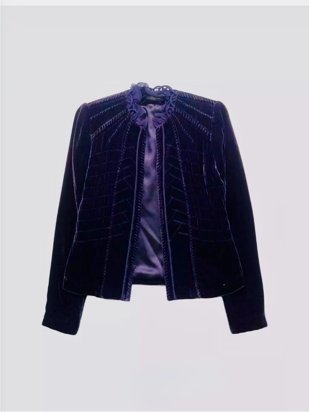 Elie Tahari NWT Sandra Silk Blend Velvet Ruffle Jacket Iris, size 4